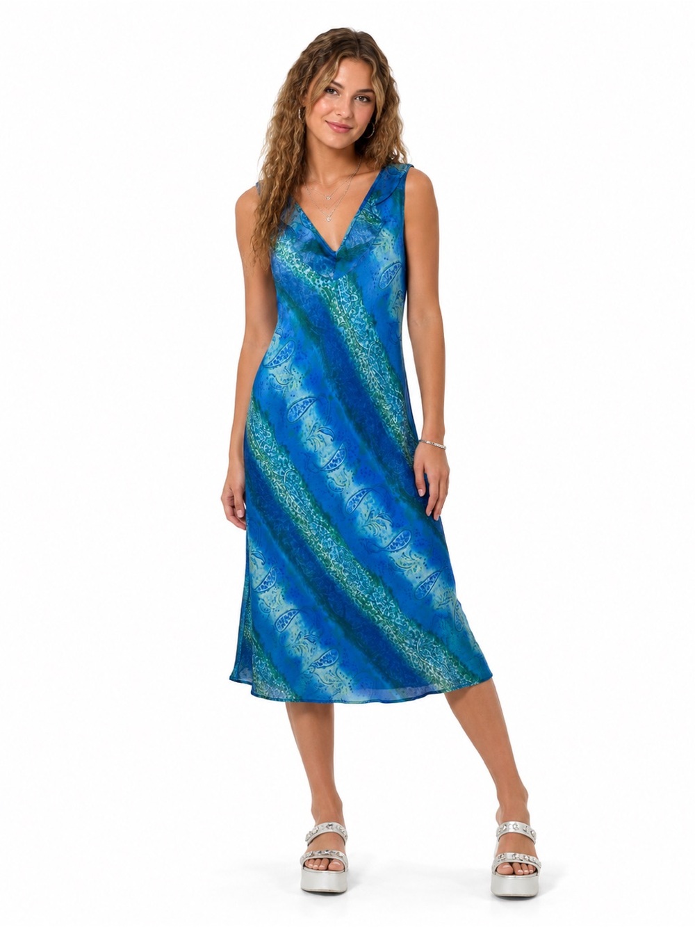 Vtg. Y2K My Michelle Sleeveless Blue Paisley Print Chiffon Midi Dress Sz. 7/8